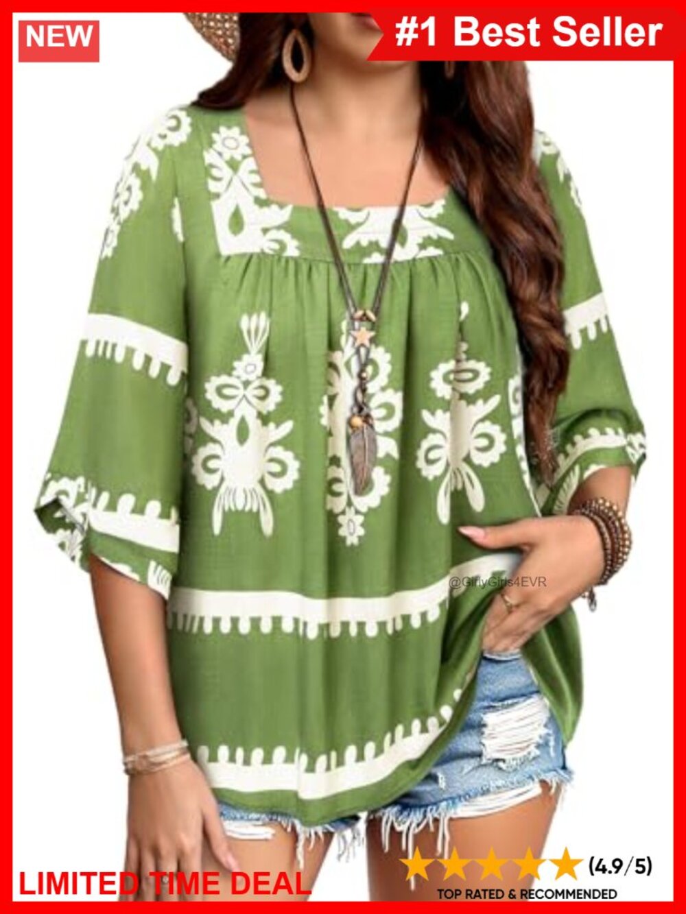 Plus Size Boho Chiffon Babydoll Blouse Square Neck 3/4 Sleeve Tunic Top